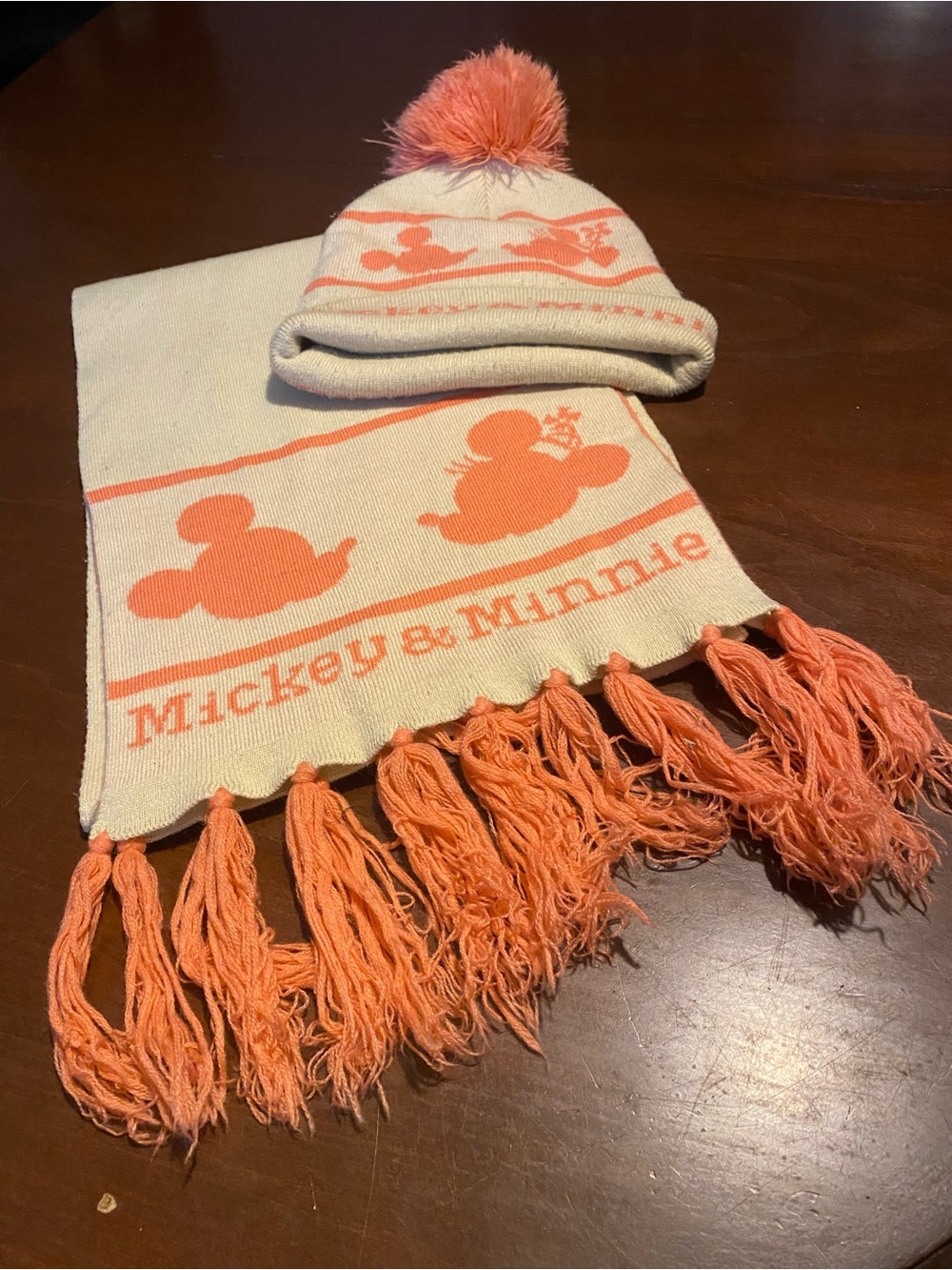Womans Pom Beanie and Scarf Set - Cream and Coral Mickey and Minnie